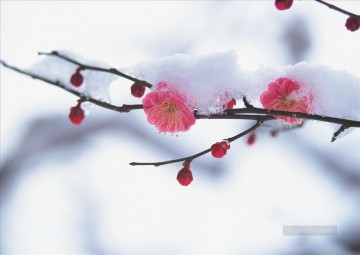 リアルな写真から Painting - ピンクの花の雪絵を写真からアートへ